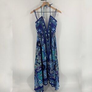 Arden B Blue Paisley Asymmetrical Midi Dress XS S Boho Halter
